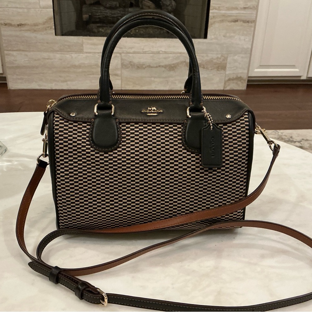 NEW- Coach- Rowan-Black and Tan Checkered Satchel